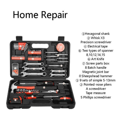 Open view of All-In-One 146-Piece Home And Auto Tool Kit For Repairs, DIY Essentials, in a portable carry case with various tools.
