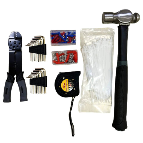 Tools from 439-Piece Mechanic Tool Set in Heavy-Duty 3-Drawer Steel Box, including hammer, pliers, tapes, and fasteners.