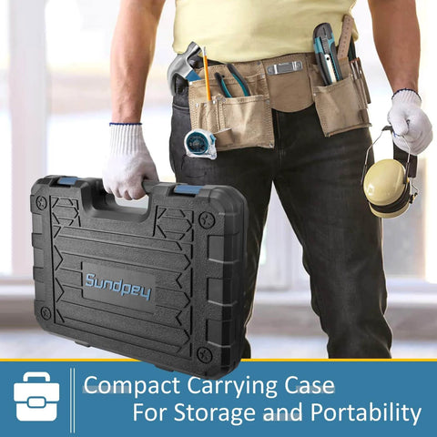 Man holding compact carrying case containing 148-Piece Home Tool Kit With Case And Ratcheting Screwdriver, Pliers, and more.