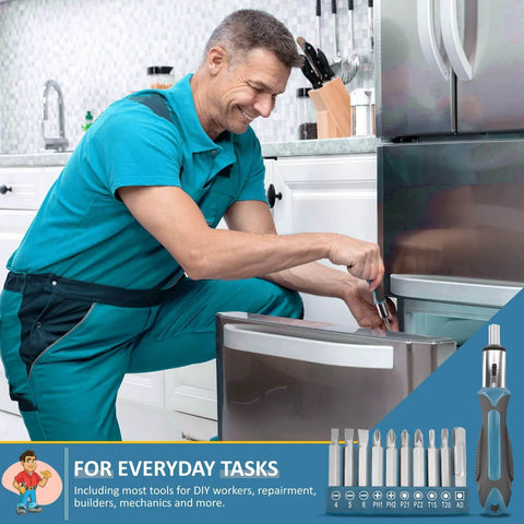 Man using 148-Piece Home Tool Kit With Case And Ratcheting Screwdriver, Pliers, Wrench for home repairs in kitchen