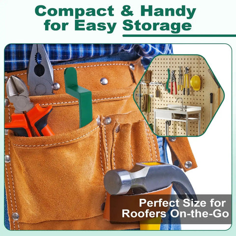 Heavy-Duty Roof Shingle Nail Removal and Installer Tool with a 2-in-1 nail slot in a tool belt, hammer visible.