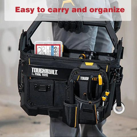 Person carrying Toughbuilt tool tote with hand tools, showcasing easy-to-carry design