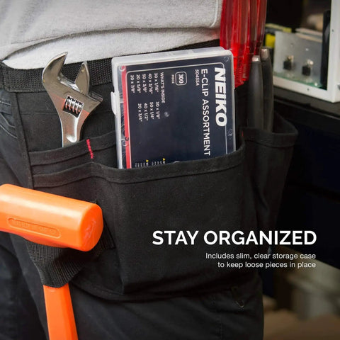 Person wearing tool belt with E Clip Assortment Set With 300 Pieces Heat Treated External Retaining Clips Nine SAE Sizes visible