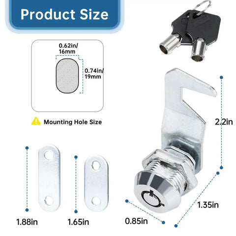 Durable 5/8 inch tubular cam toolbox locks with two keys, zinc alloy chrome finish, rustproof and waterproof, dimensions shown