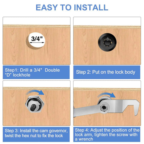 Installation guide for keyed-alike toolbox lock pair with hook cam and tubular cam mechanisms, for 1 1/8 inch latching distance.
