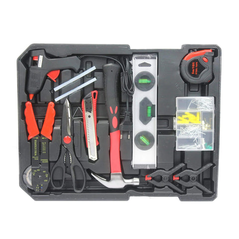 All In One Roll Bar Box Kit With 899 Precision Tools For Home And Auto Repairs Including Emergency Car Fixes Plus Water Electrical And Woodworking Essentials For Gardeners Homeowners And Handymen On The Go Silver, shown open with various tools inside.