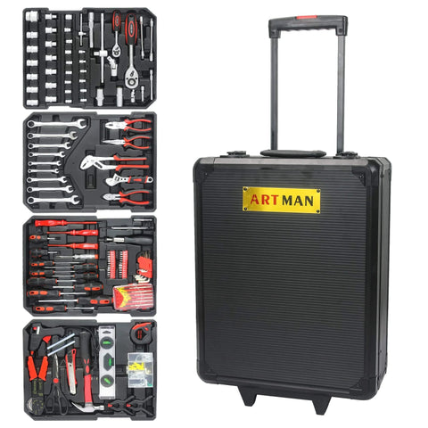 All In One Roll Bar Box Kit With 899 Precision Tools For Home And Auto Repairs Including Emergency Car Fixes Plus Water Electrical And Woodworking Essentials For Gardeners Homeowners And Handymen On The Go Silver, showing a black rolling toolbox with organized tools.