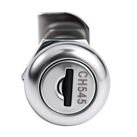 Front view of Replacement 5/8 inch toolbox lock cylinder for lift up latch truck tool boxes with chrome zinc finish showing key slot.