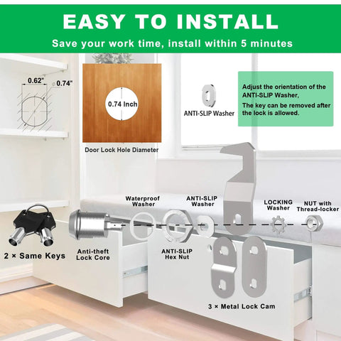Installation guide showing components of Two Pack Toolbox Locks With Keys Five Eighths Inch Tubular Cam Locks Keyed Alike Hook Cam Locks For Tool Box Drawer Cabinet Mailbox Zinc Alloy Durable Security.