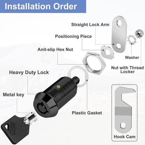 Keep tools safe with a keyed-alike toolbox lock pair featuring hook cam and tubular cam mechanisms, durable black finish, installation guide