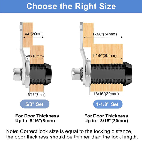 Diagram showing two keyed-alike toolbox lock pairs with hook cam and tubular cam mechanisms, durable black finish, fits 1 1/8 inch latching distance.