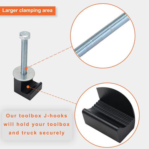 Heavy Duty Truck Toolbox Mounting Kit With Fastening Nuts For Aluminum Pickup Bed Toolbox Secure J Hooks Tie Downs Crossbar Crossover Fixed Kit Black Universal Fit close-up showing J-hooks and fastening nuts.
