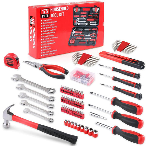 Tools from 175 Piece All Purpose Tool Kit In Durable Toolbox Case For Home Auto Garage Travel Emergency DIY Projects And Everyday Repairs Perfect Housewarming Gift For DIYers laid out with box.