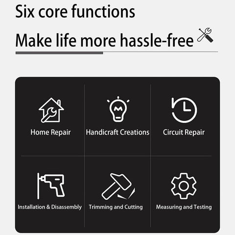 Infographic with six icons illustrating functions of 102 Piece Home Repair Tool Kit With Case For DIYers And Homeowners Essential Basic Hand Tools.