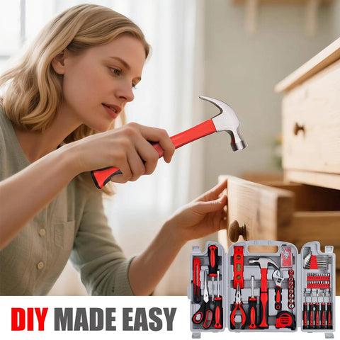 Woman using All Purpose 156 Piece Home Tool Kit In Foldable Toolbox For Everyday DIY And General Repairs Unisex Hand Tools Set
