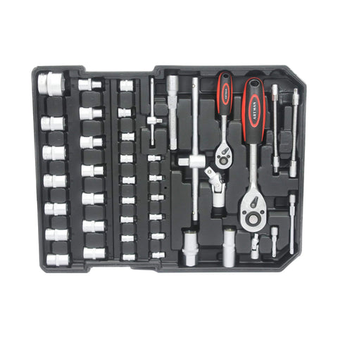 Close-up of a Large Capacity Repair Toolkit Set With Rolling Case For Emergency Car Repairs, Water, Electrical, And Woodworking Fixes, Designed For Gardens, Homeowners, And Handymen, With Drawer Compartments And Easy Access Tools, Black showing socket wrenches and ratchets in a black case.