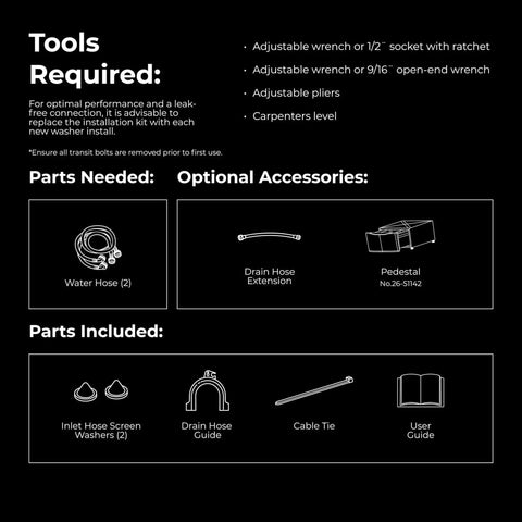 Installation tools and parts list for efficient 4.4 cu ft top load washer with a triple-action agitator, featuring Accela Wash cycles.