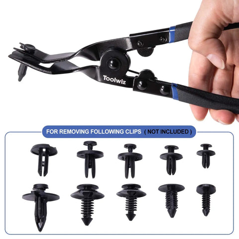 Universal Auto Trim Clip Removal Pliers For Car Doors And Interior Panels By Toolwiz Pro Grade Safe For Dash And Radio Installers No Scratch Fastener Tool For Upholstery Clips For Pros And DIYers, showing pliers and example clips.