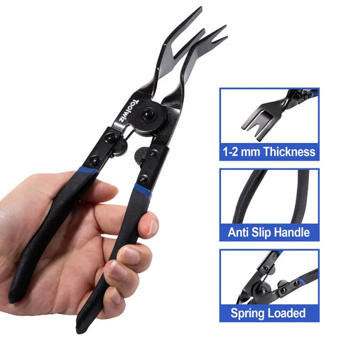 Universal Auto Trim Clip Removal Pliers For Car Doors And Interior Panels By Toolwiz Pro Grade Safe For Dash And Radio Installers No Scratch Fastener Tool For Upholstery Clips For Pros And DIYers, featuring anti-slip handle and 1-2 mm thickness blade.