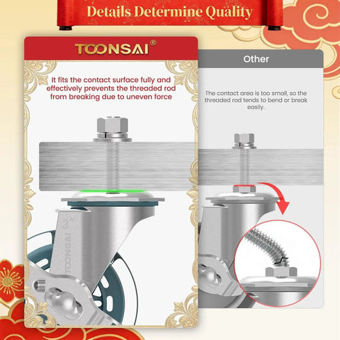 Three Inch Caster Wheels Set Of Four With Threaded Stem Three Eighth Inch By Sixteen UNC By One Point Five Inch Heavy Duty Bolt Castors With High Elasticity Quiet Rubber Wheels for Shelving, highlighting contact surface differences.