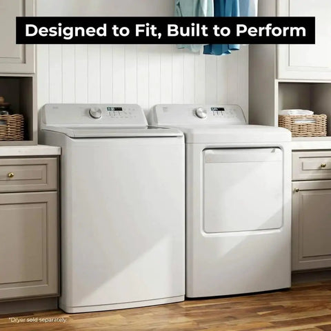 Efficient 4.5 cu ft top load washer with a triple action impeller installed next to a dryer in a modern laundry room.