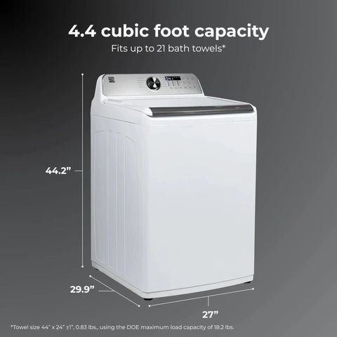 Efficient 4.4 cu ft top load washer with a triple-action agitator, front view showing dimensions in cubic feet capacity, ideal for large households.