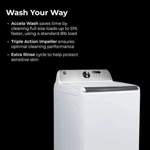 Efficient top load washer with a 4.5 cu ft capacity and triple action impeller delivers tough stain cleaning