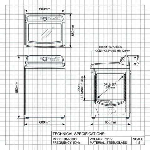 Efficient 4.5 cu ft top load washer with a triple action impeller tackles tough dirt and stains using spray, wash basket, and impeller motion, while Accela Wash and Express Wash speed cycles for cleaner clothes in less time - technical drawing with dimensions and materials.