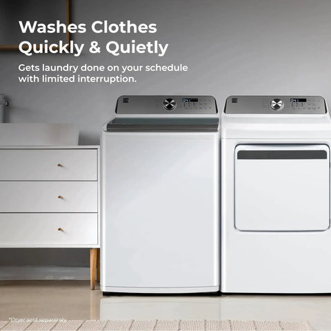Efficient 4.4 cu ft top load washer with a triple-action agitator and matching dryer in a laundry room setting