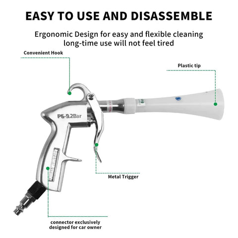 Powerful tornado dry cleaning gun with aluminum body, brass adjustable air flow nozzle, 360-degree swivel, and plastic tip.