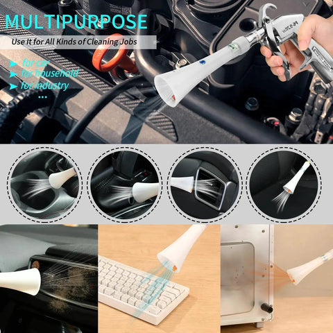 Powerful tornado dry cleaning gun blasts dirt and dust from car interiors with a brass adjustable air flow nozzle, 360 Degree swivel, aluminum body, and easy connection to a standard air compressor for efficient, thorough cleaning.