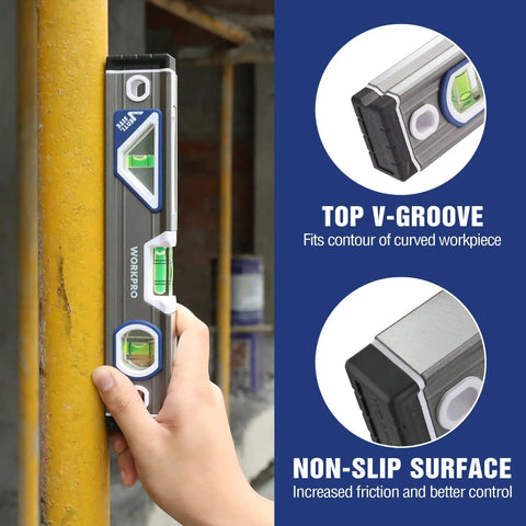 Hand using Pro Grade 10 Inch Torpedo Level By WORKPRO with 3 Bubble Vials on yellow pipe, showing top V-groove and non-slip surface features.