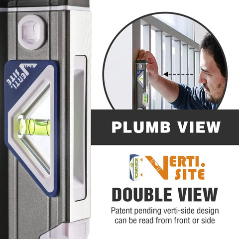 Close-up of Pro Grade 10 Inch Torpedo Level By WORKPRO with top view window and user aligning bubble for vertical reading.