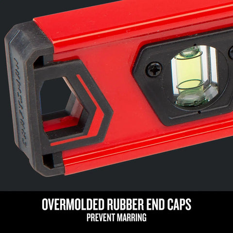 Close-up of red Torpedo Level 9 Inch With Shock Absorbing End Caps For Accurate Layouts And Framing, with visible vial and end cap.