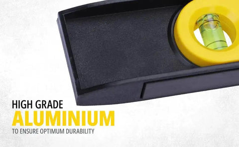 Close-up of compact 9 inch torpedo level with magnetic base, showcasing high grade aluminium and a 360 degree vial.