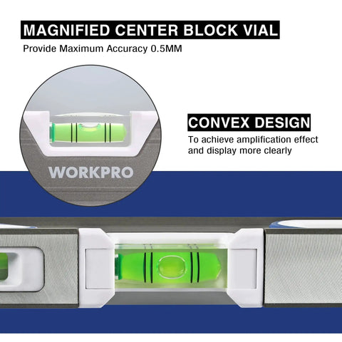 Close-up of Pro Grade 10 Inch Torpedo Level By WORKPRO with 3 bubble vials, magnified center block vial for accuracy and convex design.