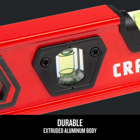 Close-up of Craftsman CMHT82390 Torpedo Level 9 Inch With Shock Absorbing End Caps showing vial and extruded aluminum body