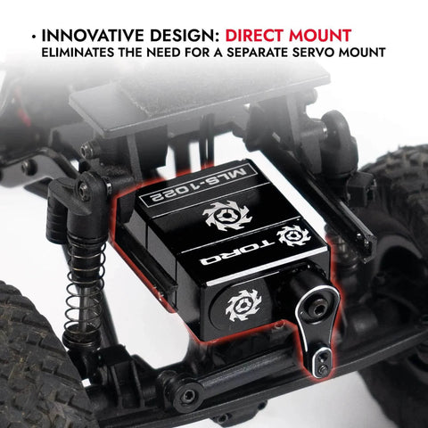 High Torque Micro Servo 5.0V - 8.4V with CNC Servo Mounts & Arms installed on RC crawler vehicle, close-up view