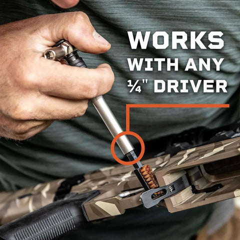 Person using the Torque Limiter/All-in-One Torque Drive/Modular T-Drive Bundle with a cleaning brush in a firearm.