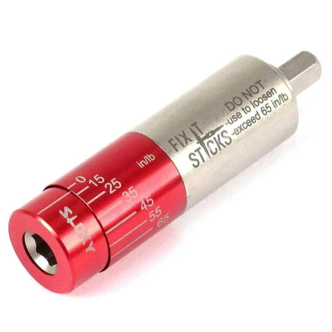 Close-up of 15-65 Inch Lbs All-in-One Torque Driver, showing red and silver details with measurement markings