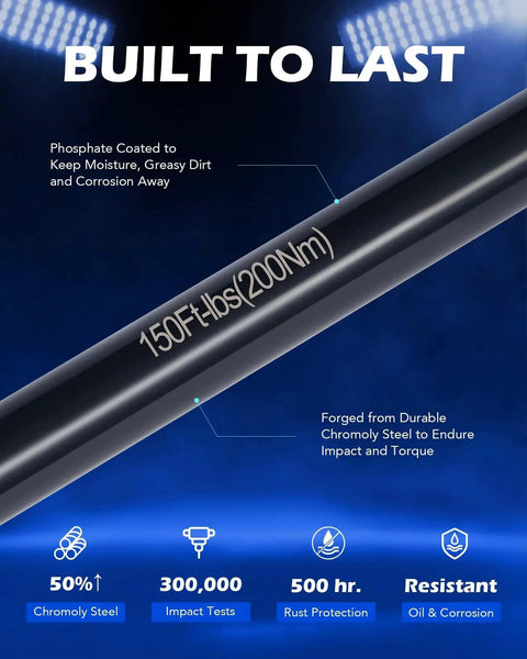 1/2 Inch Drive Torque Limiting Extension Bar, 150 ft-lb, black chromoly steel, phosphate coating details, durability features displayed