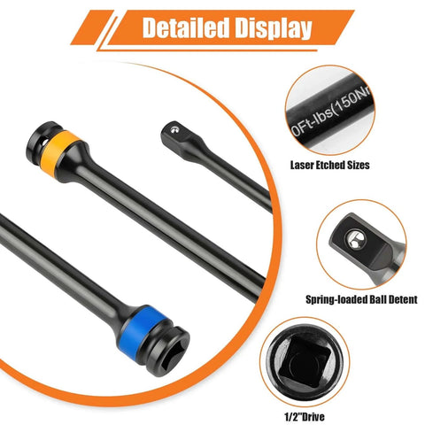 Detailed display of Torque Limiting Extension Bar Kit, features color-coded sticks, laser etched sizes, and 1/2" drive compatibility.
