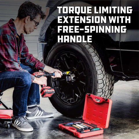 Mechanic using 8 Piece Torque Limiting Extension Bar and Socket Set with Free-Spinning Grip Handles on car wheel, red case nearby