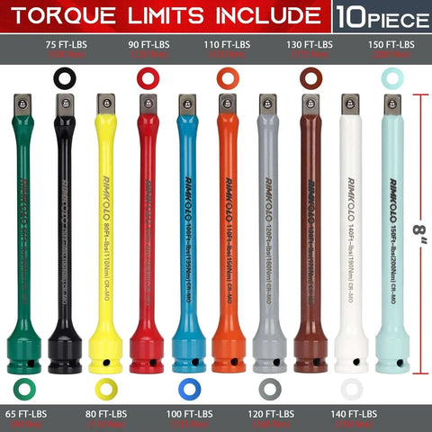 1/2" Drive Torque Limiting Extension Bar Set, 10-Piece Impact Torque Limiter Set with 8 Inch Color-Coded CR-MO Torque Sticks, 65 to 150 Ft-Lbs