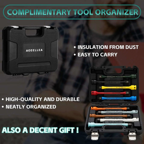 Open storage case with 10-Piece Torque Limiting Extension Bar Set 1/2" Drive 8" Long 65-150 Ft-lbs CR-MO SAE Standard color-coded bars