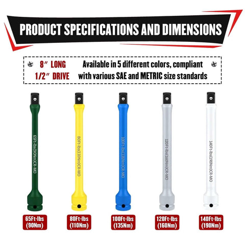 5Pcs 1/2" Drive Torque Limiting Extension Bar Set, 8" Long Torque Sticks (65-140 Ft-lbs), Color-Coded CR-MO Bars