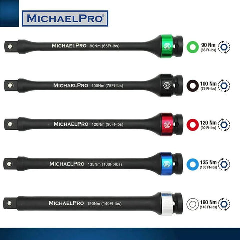 Image of MichaelPro 5-Piece 1/2'' Impact Torque Limiting Extension Bar Set, showing each bar with specific torque rating from 65 to 140 Ft-Lbs.