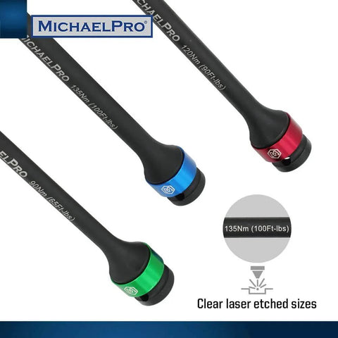 Color-coded 5-Piece 1/2'' Impact Torque Limiting Extension Bar Set, 65 to 140 Ft-Lbs, Cr-Mo material with laser-etched sizes