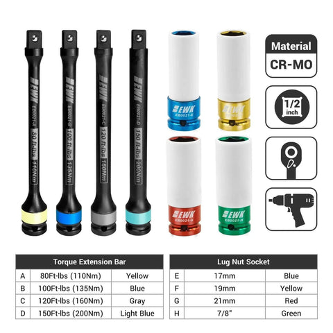 8-Piece 1/2" Drive Torque Limiting Extension Stick Set with Non-Marring Deep Impact Metric Lug Nut Sockets, 110–200 Nm, CR-MO Steel
