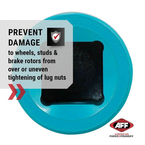 Top view of Torque Limiting Extension, 1/2" Drive, 150 ft/lbs, Turquoise, 40150 with text about preventing wheel damage.